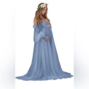 Pearl Tulle Long Puffy Sleeve Off Shoulder Maternity Robe For Photoshoot